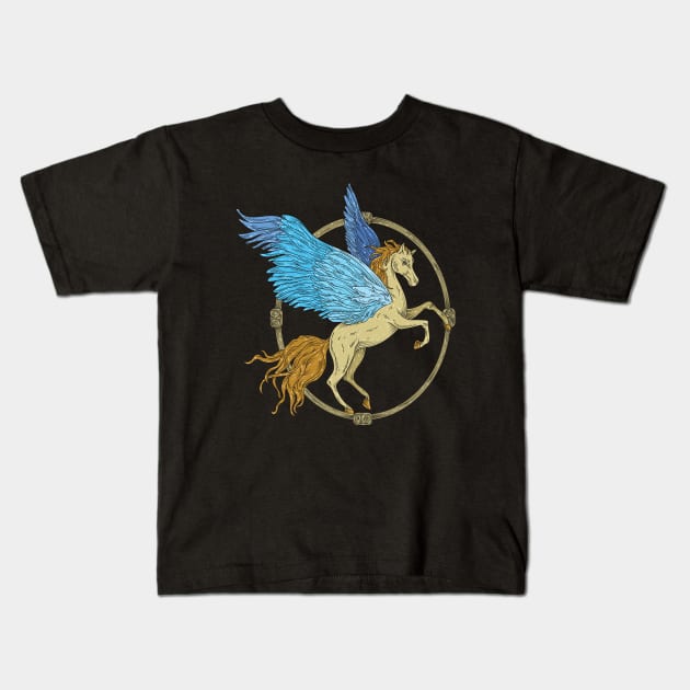 Pegasus with blue wings in a wooden frame Kids T-Shirt by PinataFoundry